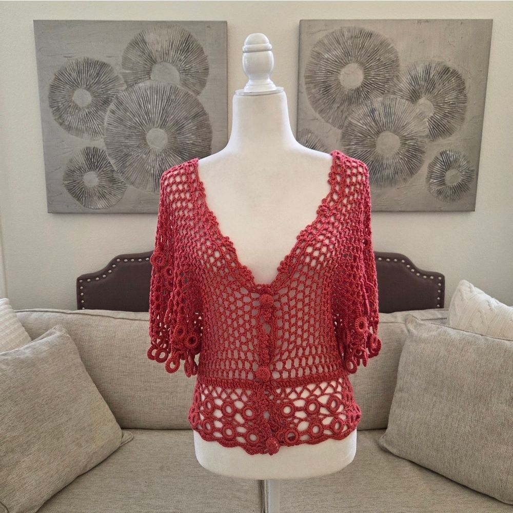 Miss Kelly 1999 Crochet Button Up Top Sz Sm